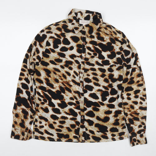 Dancing Leopard Womens Beige Animal Print Polyester Basic Button-Up Size 10 Collared
