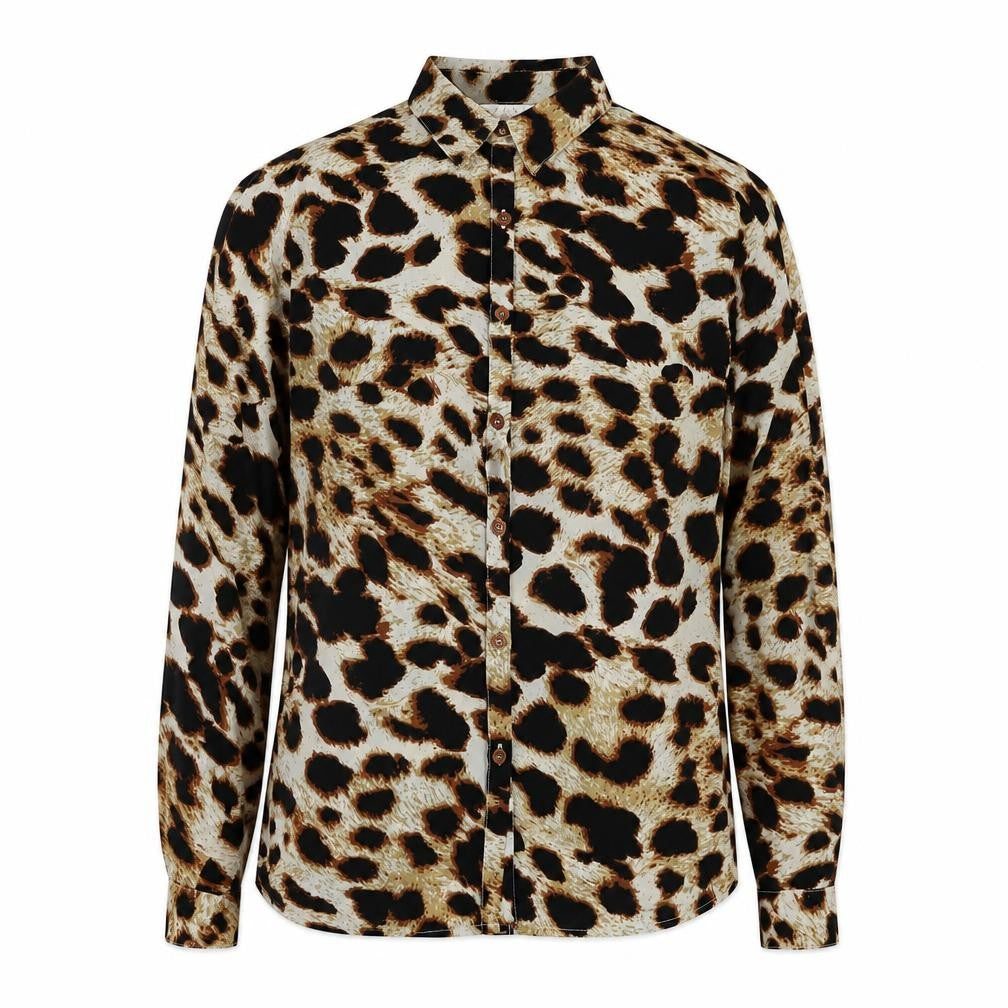 Dancing Leopard Womens Beige Animal Print Polyester Basic Button-Up Size 10 Collared