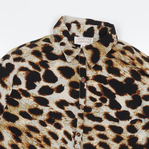 Dancing Leopard Womens Beige Animal Print Polyester Basic Button-Up Size 10 Collared