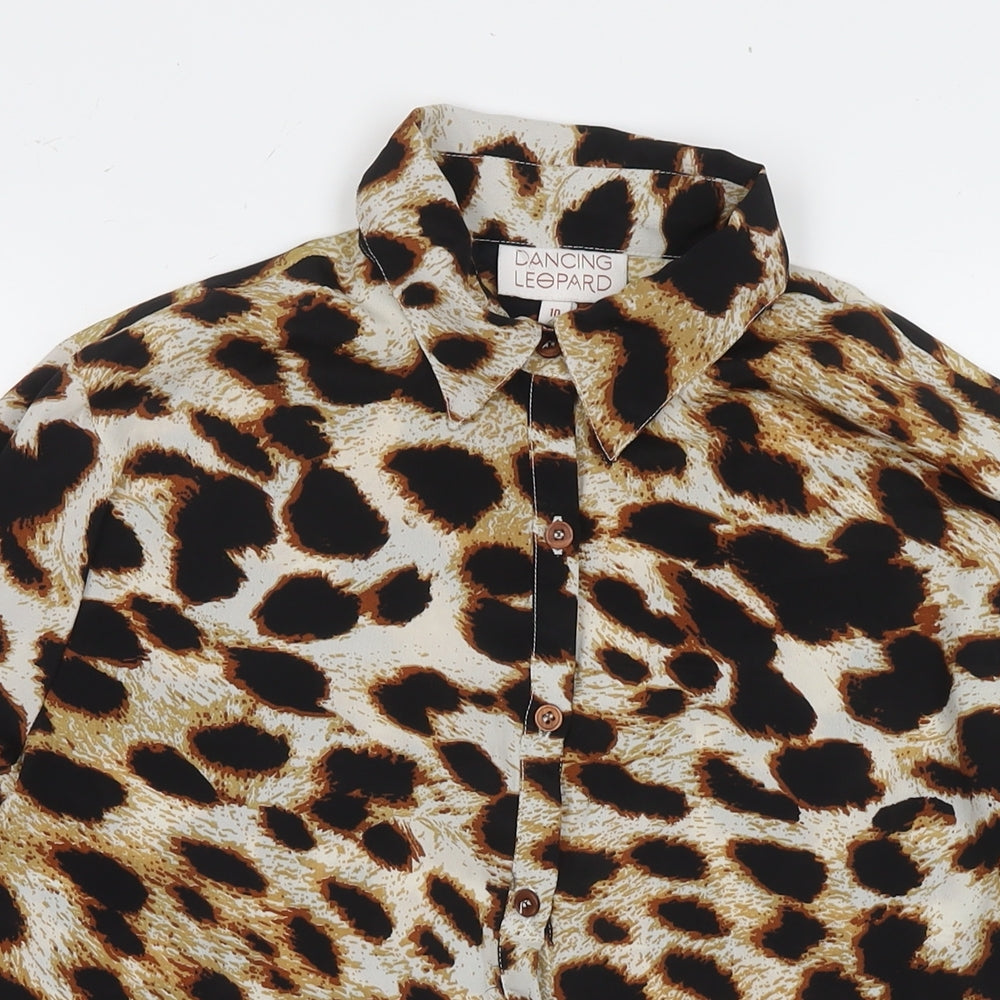 Dancing Leopard Womens Beige Animal Print Polyester Basic Button-Up Size 10 Collared