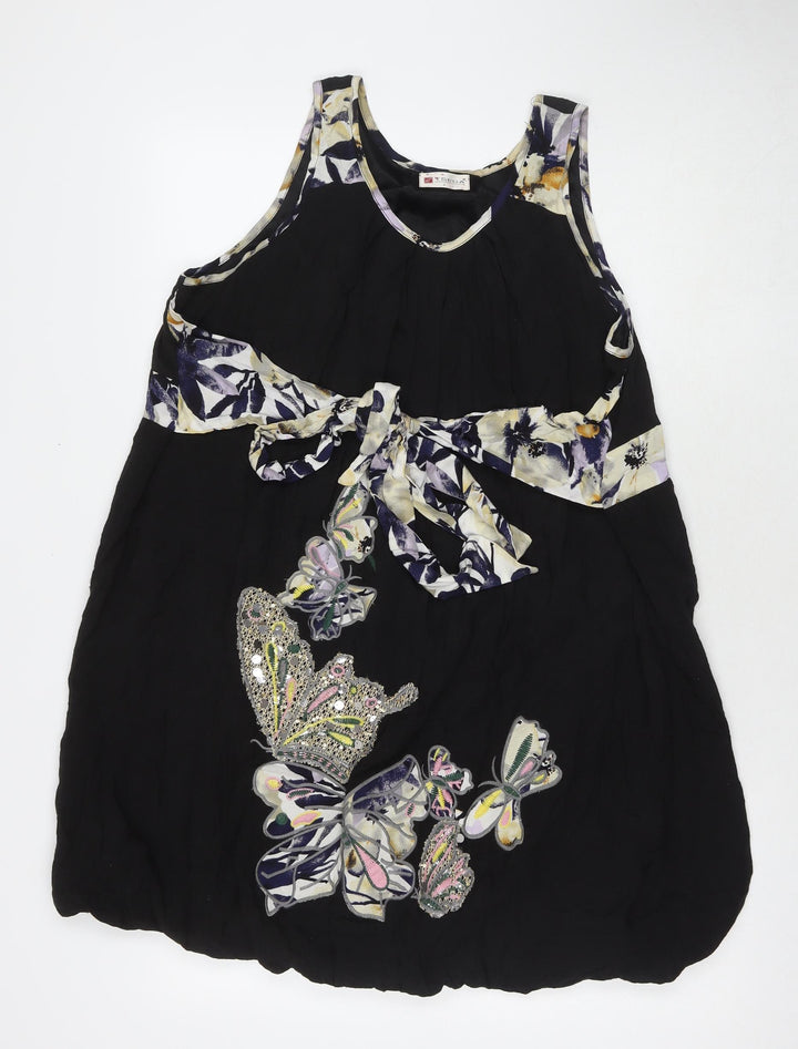 Tsega Womens Black Polyester Tank Dress Size S Round Neck Pullover - Flowers