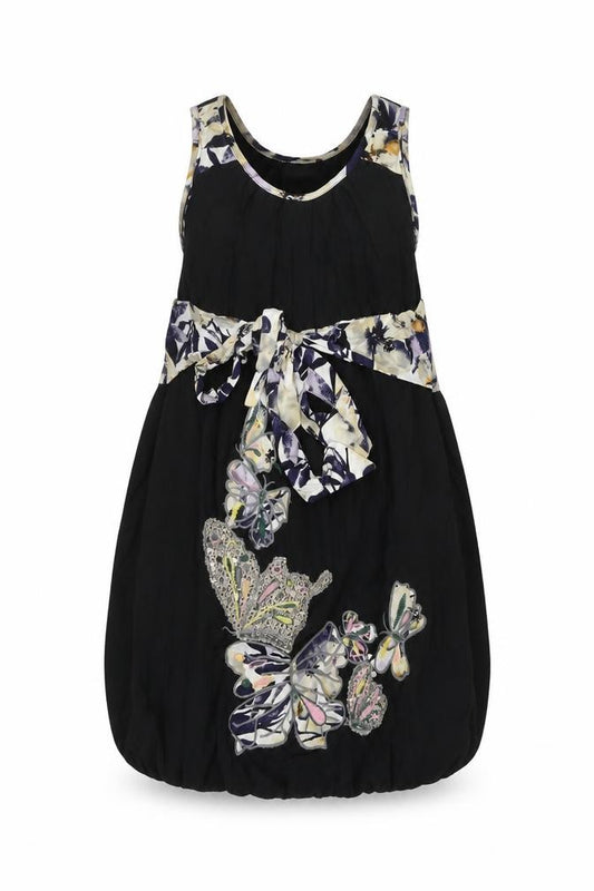 Front view of Tsega women’s black polyester tank dress, size S, round neck pullover - flowers
