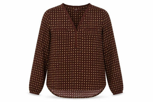 Front view of Next women’s brown check polyester basic blouse, size UK 12, v-neck