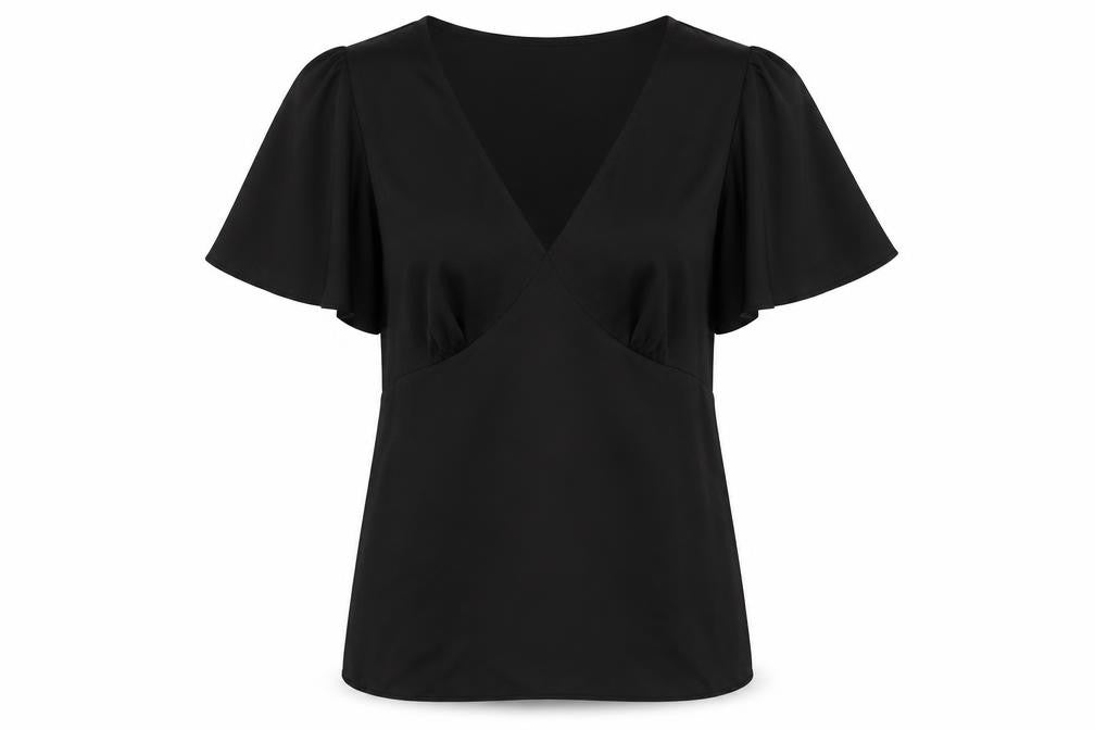 Front view of Friends Like These women’s black polyester basic t-shirt, size UK 8, v-neck