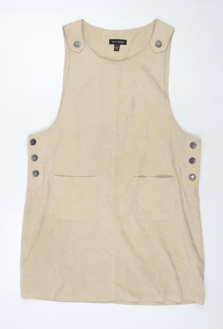 QED London Womens Brown Polyester Pinafore/Dungaree Dress Size 12 Round Neck Button