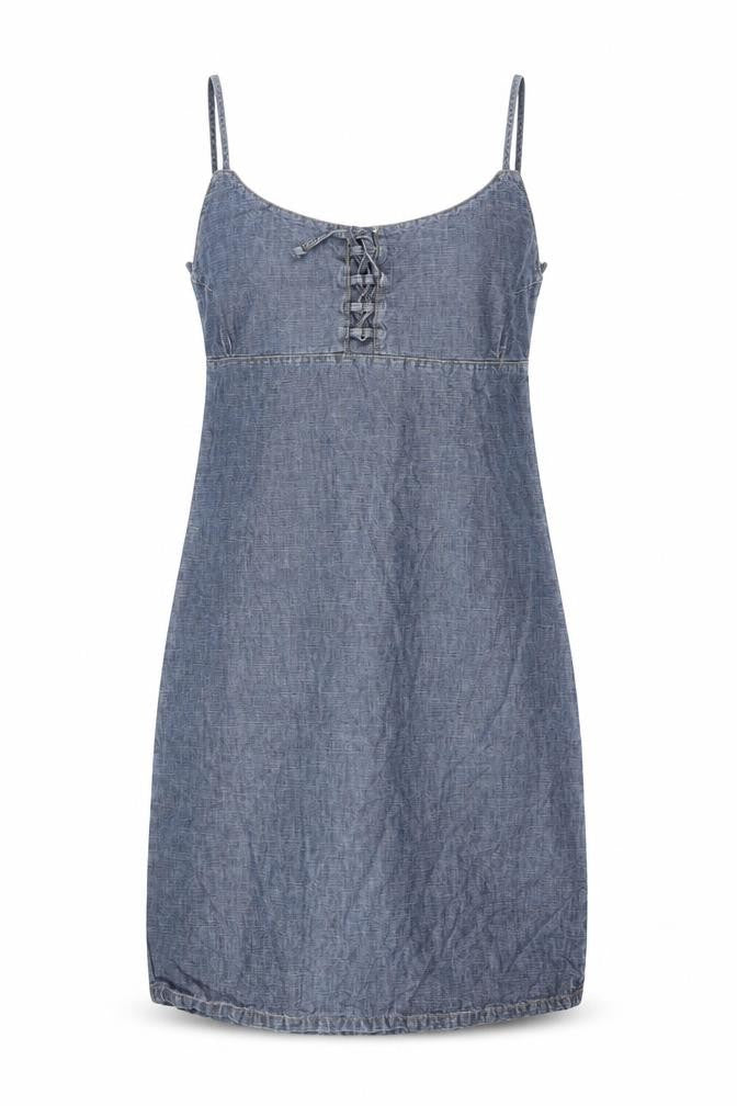 Front view of Cestbeaulavie women’s blue cotton a-line, size UK 14, v-neck pullover