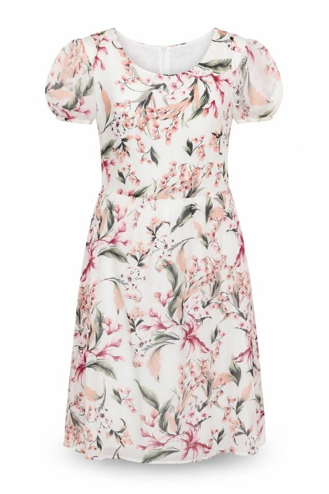 Front view of Tenki women’s multicoloured floral polyester a-line, size UK 10, round neck zip - cold shoulder