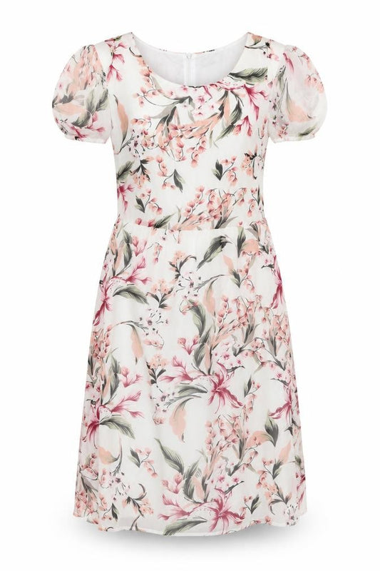 Front view of Tenki women’s multicoloured floral polyester a-line, size UK 10, round neck zip - cold shoulder