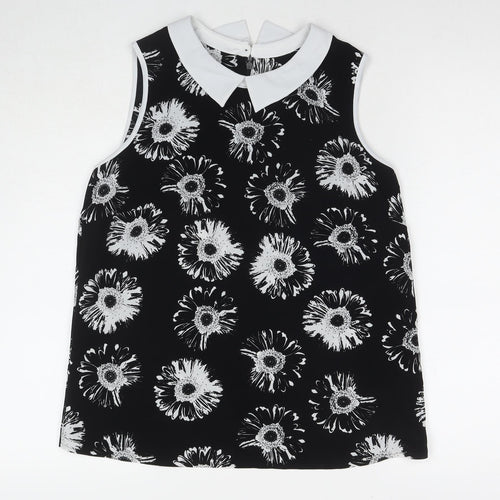 Marks and Spencer Womens Black Floral Polyester Basic Blouse Size 14 Collared