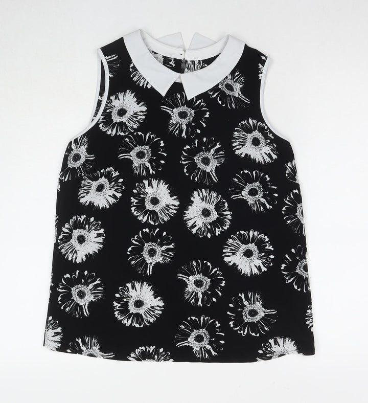 Marks and Spencer Womens Black Floral Polyester Basic Blouse Size 14 Collared
