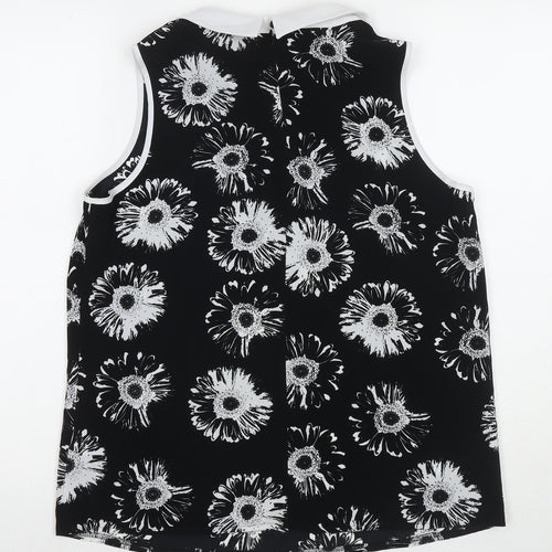 Marks and Spencer Womens Black Floral Polyester Basic Blouse Size 14 Collared