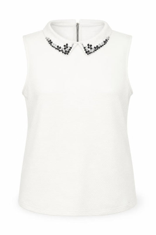 Front view of Next women’s white polyester basic blouse, size UK 18, collared - jeweled detail