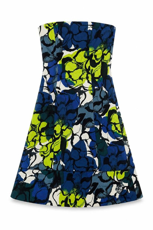 Front view of Coast women’s multicoloured geometric cotton a-line, size UK 10, square neck pullover - strapless