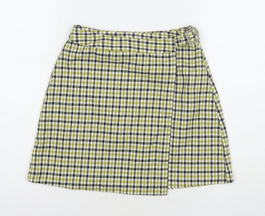 Front view of John Craft women’s green check polyester wrap skirt, size UK 24, in buckle