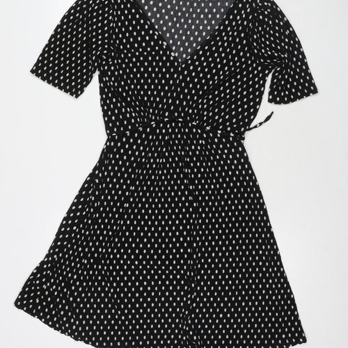 Mango Womens Black Polka Dot Polyester Fit & Flare Size S V-Neck Pullover