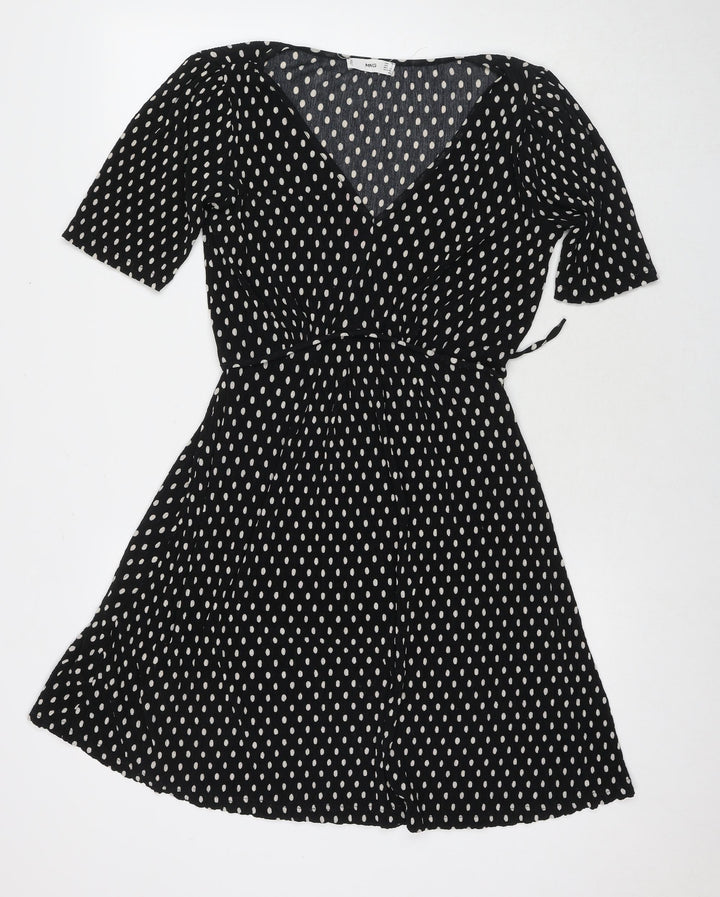 Mango Womens Black Polka Dot Polyester Fit & Flare Size S V-Neck Pullover