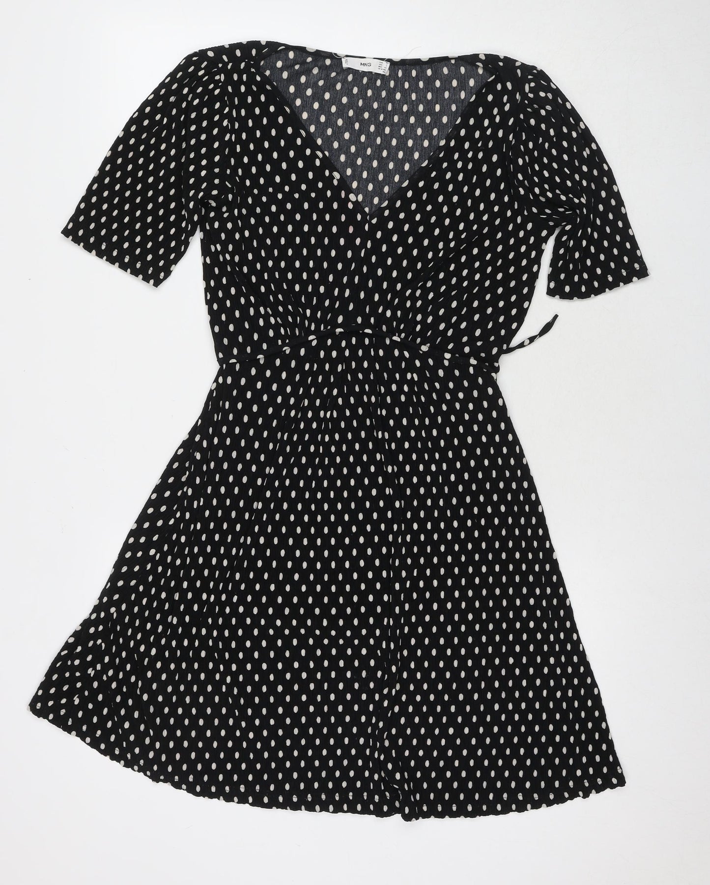 Mango Womens Black Polka Dot Polyester Fit & Flare Size S V-Neck Pullover