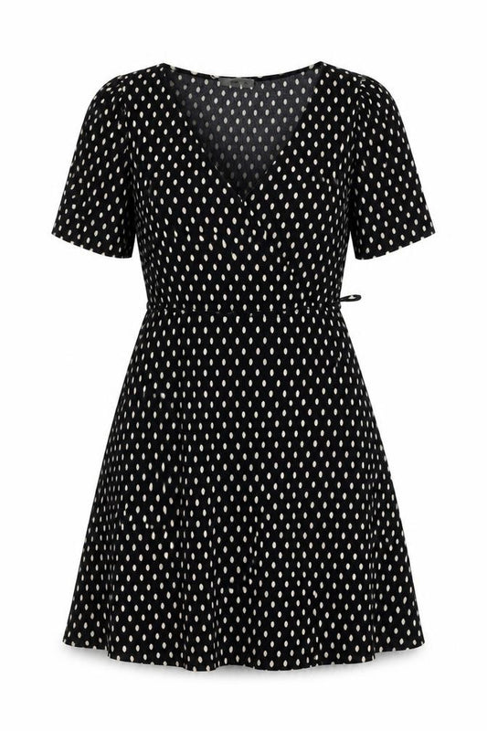 Front view of Mango women’s black polka dot polyester fit & flare, size S, v-neck pullover