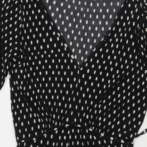 Mango Womens Black Polka Dot Polyester Fit & Flare Size S V-Neck Pullover