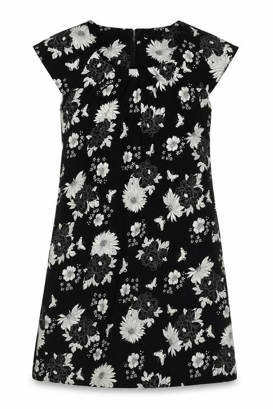 Front view of Wallis women’s black floral polyester a-line, size UK 12, round neck zip