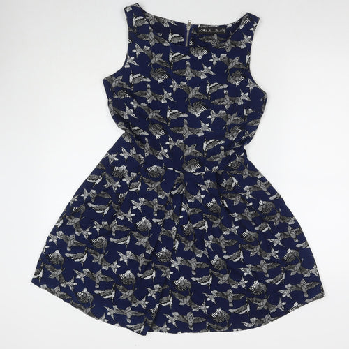 Mela London Womens Blue Geometric Polyester Tank Dress Size 10 Round Neck Pullover - Birds