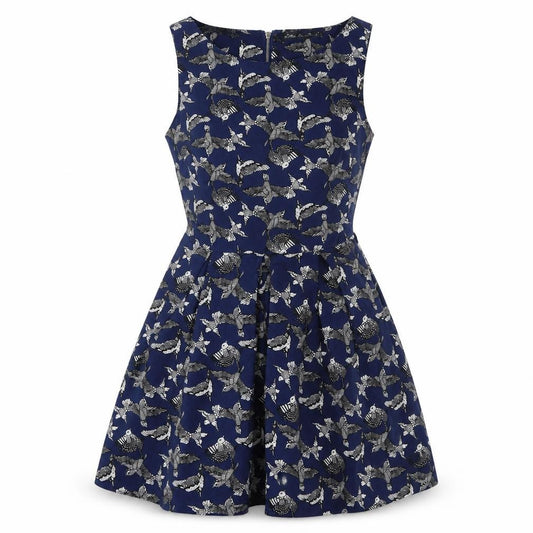 Front view of Mela London women’s blue geometric polyester tank dress, size UK 10, round neck pullover - birds