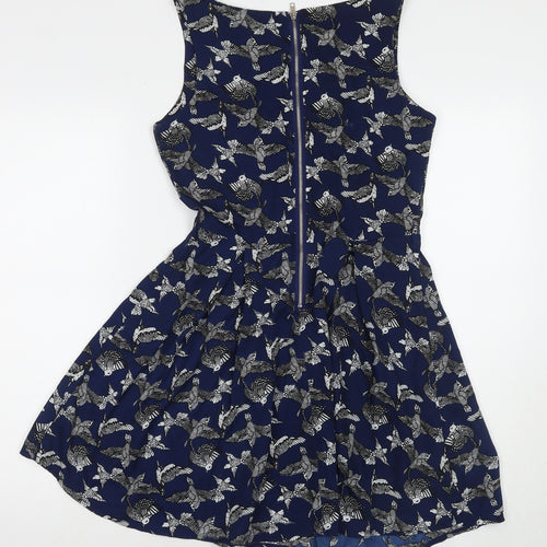 Mela London Womens Blue Geometric Polyester Tank Dress Size 10 Round Neck Pullover - Birds