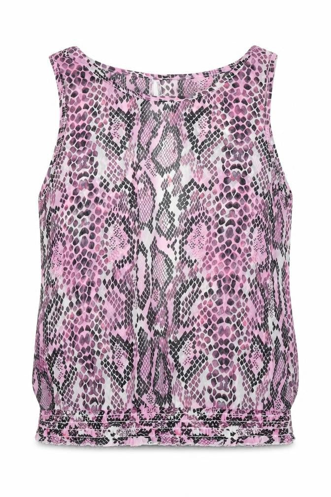 Front view of Internacionale women’s pink animal print polyester basic tank, size UK 10, round neck