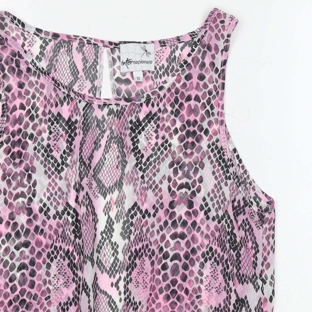 Internacionale Womens Pink Animal Print Polyester Basic Tank Size 10 Round Neck