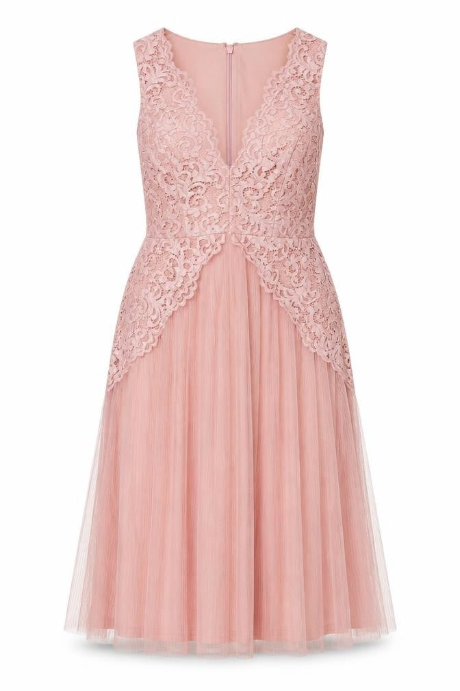 Front view of ASOS women’s pink polyester a-line, size UK 12, v-neck zip