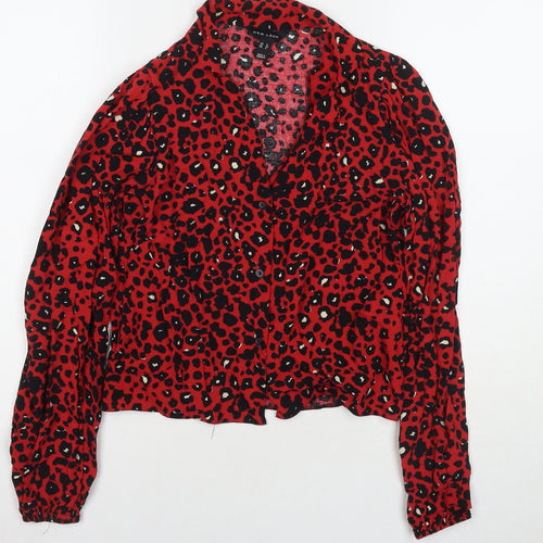 New Look Womens Red Animal Print Viscose Basic Button-Up Size 8 Collared