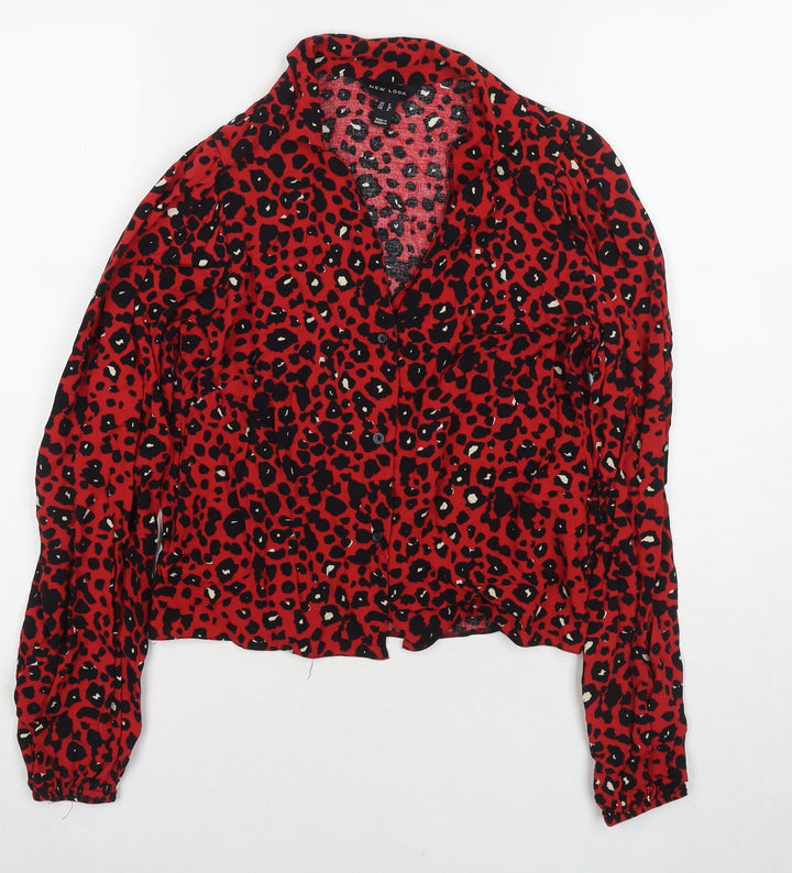New Look Womens Red Animal Print Viscose Basic Button-Up Size 8 Collared