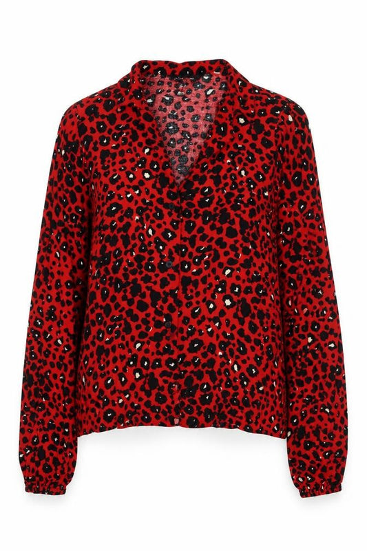 Front view of New Look women’s red animal print viscose basic button-up, size UK 8, collared