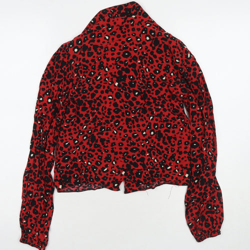New Look Womens Red Animal Print Viscose Basic Button-Up Size 8 Collared