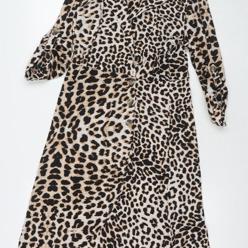 Influence Womens Beige Animal Print Polyester Wrap Dress Size 12 Collared Button