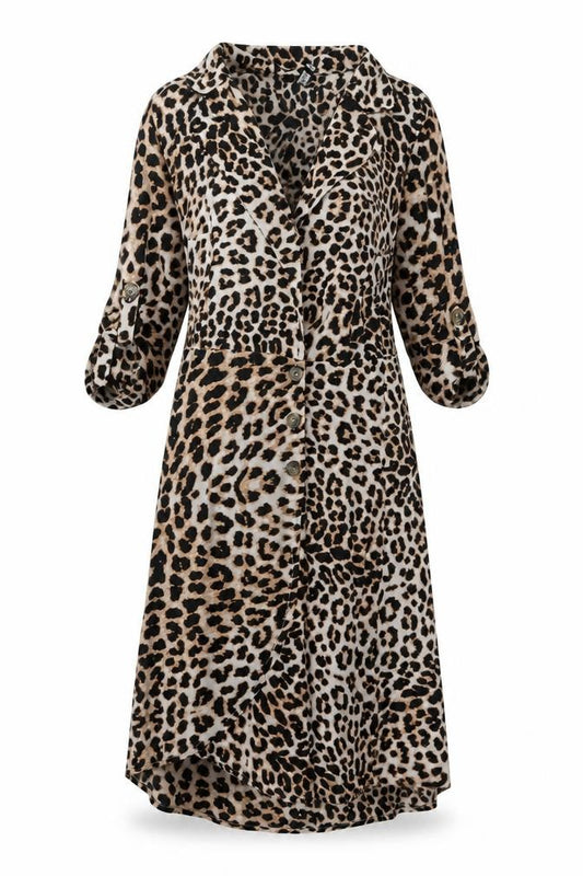 Front view of Influence women’s beige animal print polyester wrap dress, size UK 12, collared button
