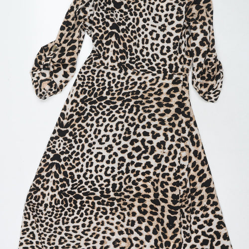 Influence Womens Beige Animal Print Polyester Wrap Dress Size 12 Collared Button
