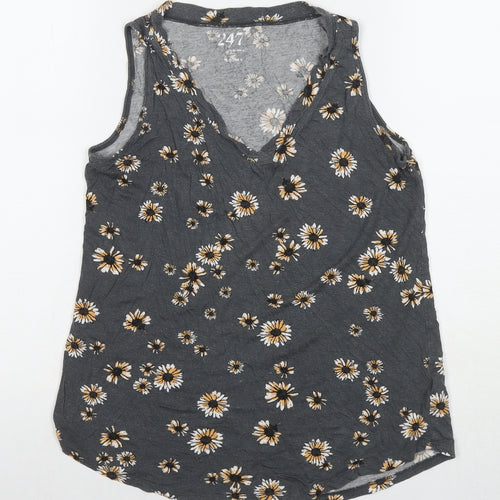 24/7 Womens Grey Floral Viscose Basic Tank Size XS Round Neck