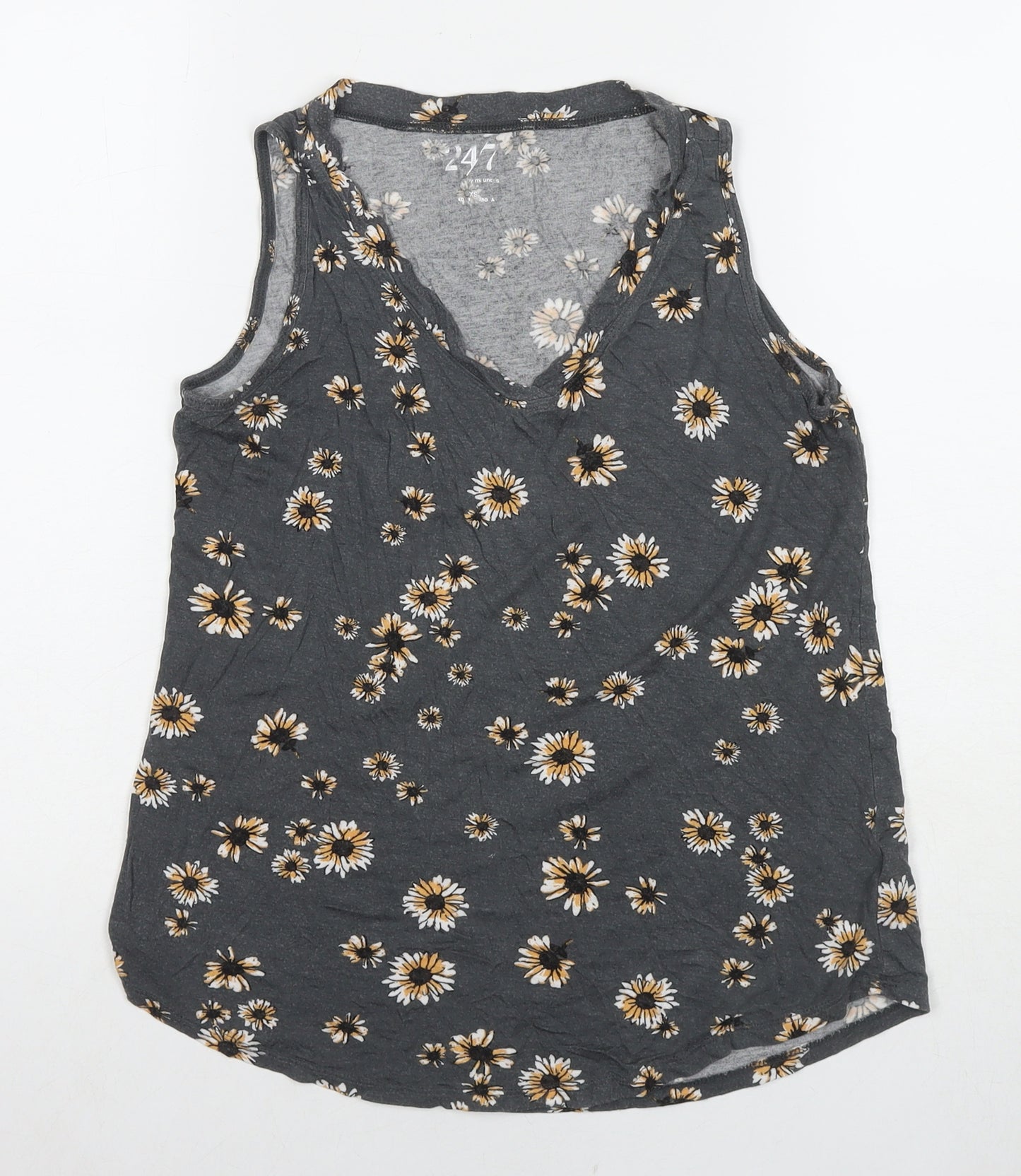 24/7 Womens Grey Floral Viscose Basic Tank Size XS Round Neck