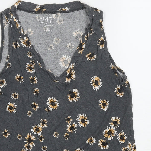 24/7 Womens Grey Floral Viscose Basic Tank Size XS Round Neck