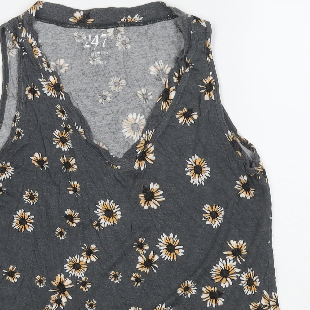 24/7 Womens Grey Floral Viscose Basic Tank Size XS Round Neck