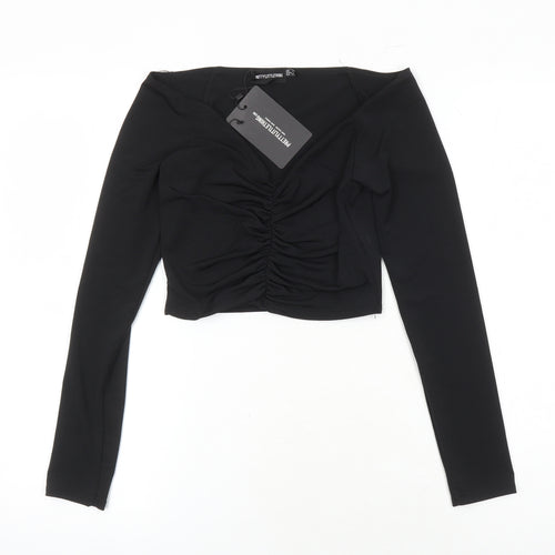 PRETTYLITTLETHING Womens Black Herringbone Polyester Cropped T-Shirt Size 6 Sweetheart