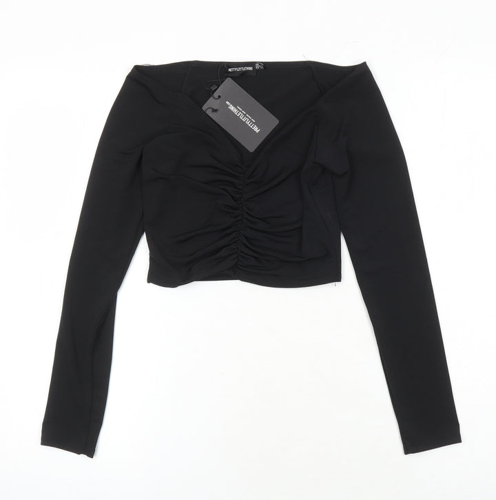 PRETTYLITTLETHING Womens Black Herringbone Polyester Cropped T-Shirt Size 6 Sweetheart