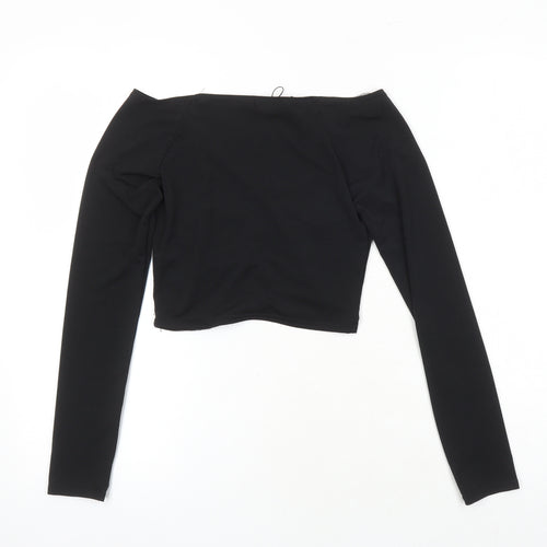 PRETTYLITTLETHING Womens Black Herringbone Polyester Cropped T-Shirt Size 6 Sweetheart
