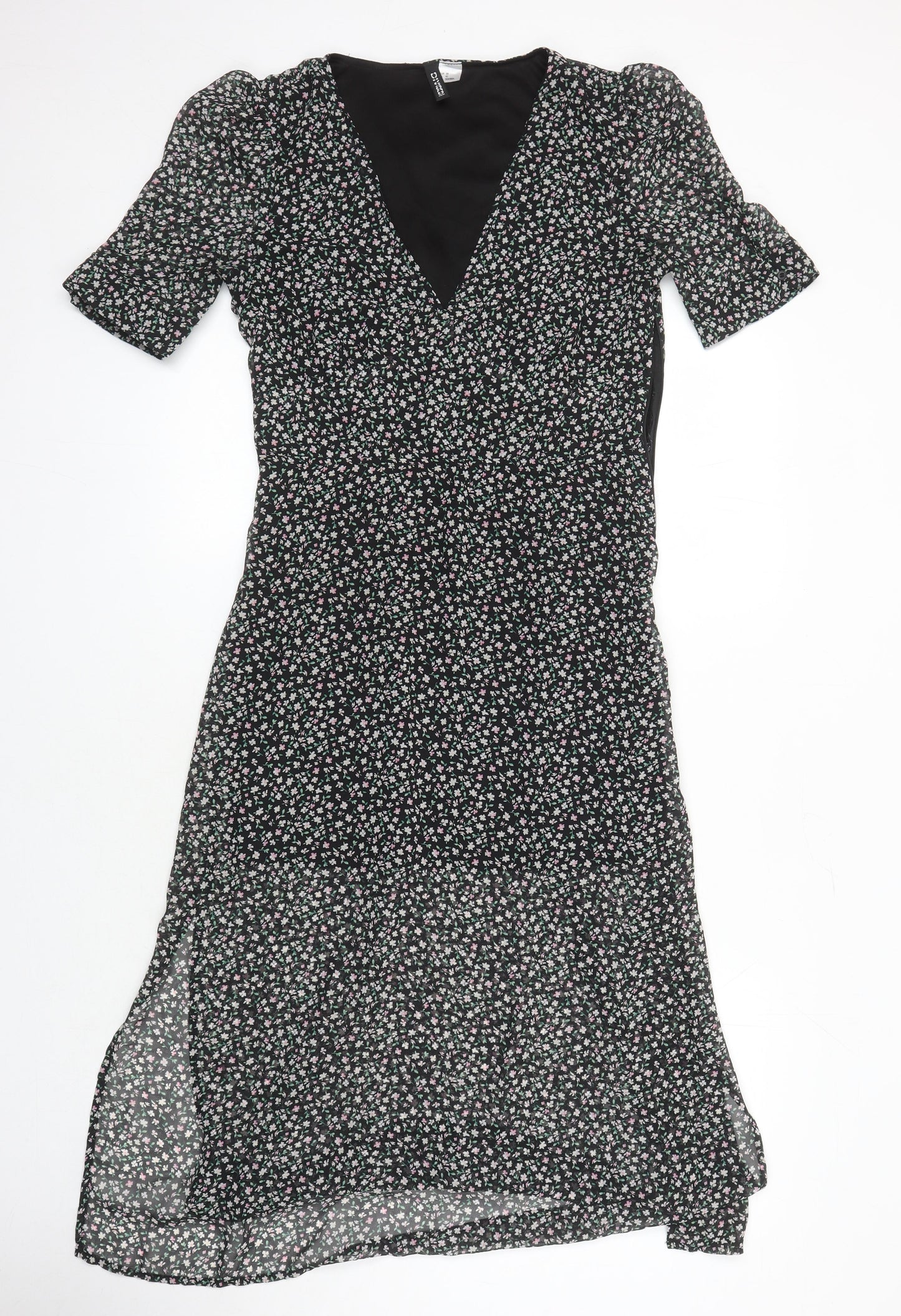 H&M Womens Multicoloured Floral Polyester Blend A-Line Size 10 V-Neck - Side spits