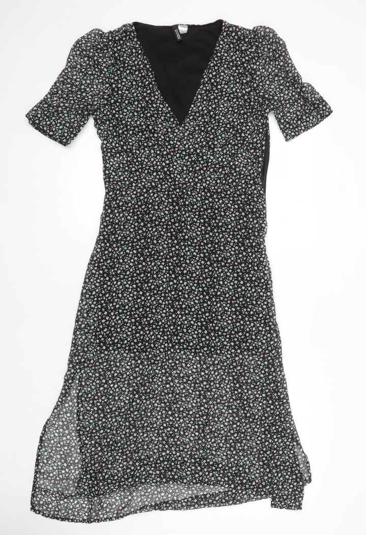 H&M Womens Multicoloured Floral Polyester Blend A-Line Size 10 V-Neck - Side spits