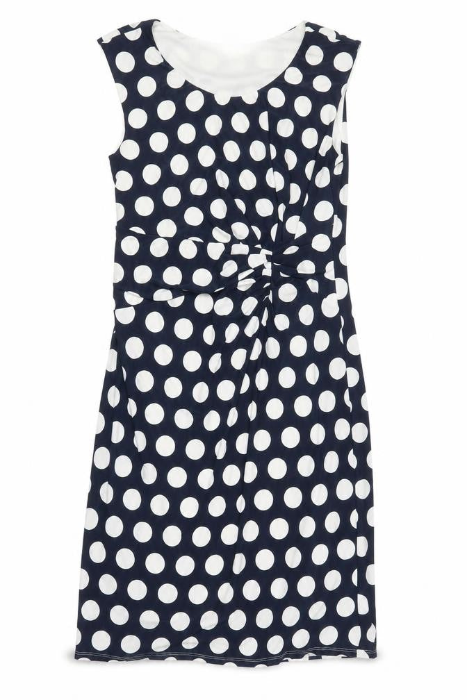 Front view of Precis women’s multicoloured polka dot polyester a-line, size UK 12, round neck