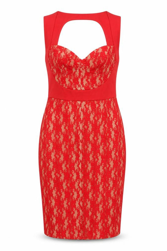Front view of ASOS women’s red polyester pencil dress, size UK 10, square neck