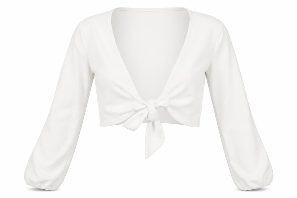 Front view of Boohoo women’s ivory polyester cropped blouse, size UK 6, v-neck