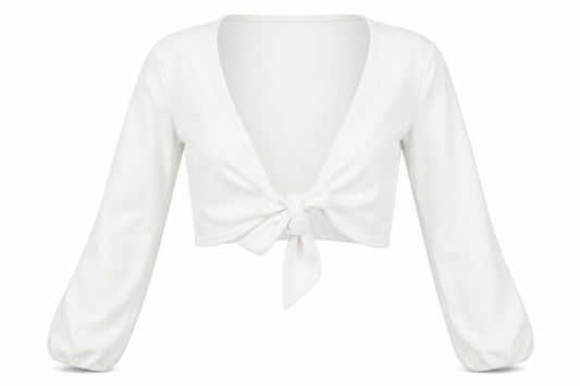 Front view of Boohoo women’s ivory polyester cropped blouse, size UK 6, v-neck